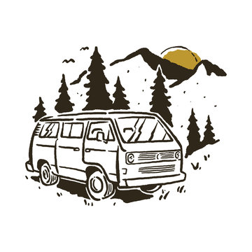Camping Van Mountain Graphic Illustration Vector Art T-shirt Design