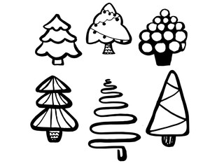 Icon with vector linear christmas trees. Christmas greeting card. Seasonal holiday. Retro party invitation card. Season concept. Vector line design. Vector decorative background.