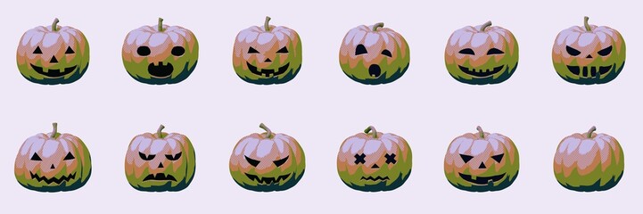 Pumpkin face icons for Halloween, modern kitsch