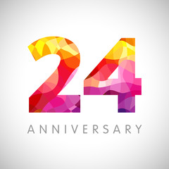 24 th anniversary numbers. 24 years old multicolored logotype. Age congrats, congratulation art idea. Isolated abstract graphic design template. Coloured 2, 4 digits. Up to 24% percent off discount. - obrazy, fototapety, plakaty