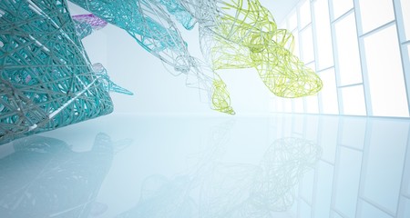Abstract architectural white and glass gradient color wire smooth interior of a minimalist house with large windows. 3D illustration and rendering.