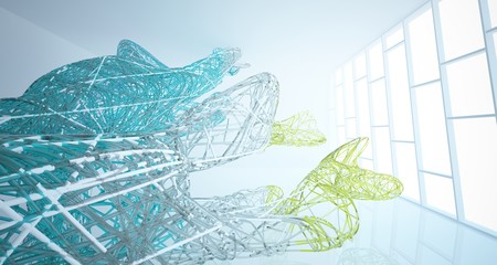 Abstract architectural white and glass gradient color wire smooth interior of a minimalist house with large windows. 3D illustration and rendering.