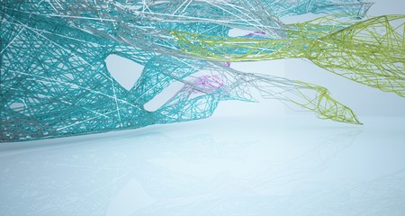 Abstract architectural white and glass gradient color wire smooth interior of a minimalist house with large windows. 3D illustration and rendering.