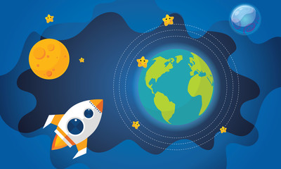 Earth and moon with smiling stars vector illustration.