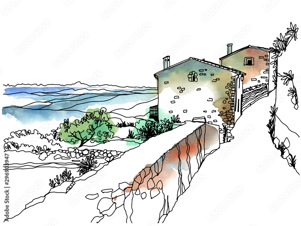 Wall mural nice veiw of romantice provence. hand drawn line sketch.. vector illustration on background watercol