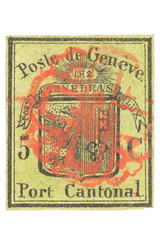 Fototapeta na wymiar 5 cent Geneva cantonal stamp from 1847 isolated on white background.