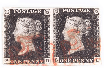 Horizontal pair of plate 1b Penny Black with red Maltese cross cancellation isolated on white...