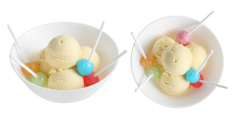 vanilla ice cream and candy in ceramic cup isolated on white background