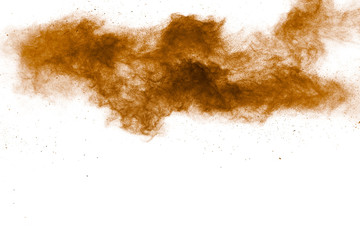 Abstract deep brown dust explosion on white background.Freeze motion of brown dust splash.