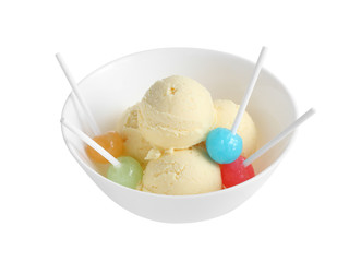 vanilla ice cream and candy in ceramic cup isolated on white background