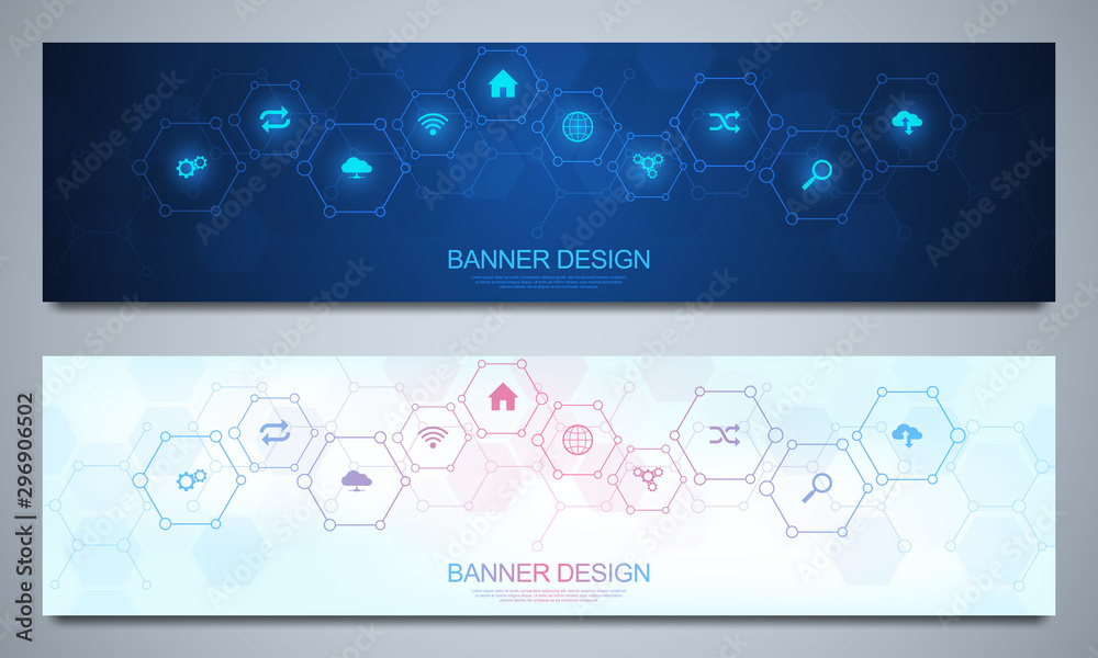 Wall mural banners design template for technological decoration with flat icons and symbols. concept and idea f