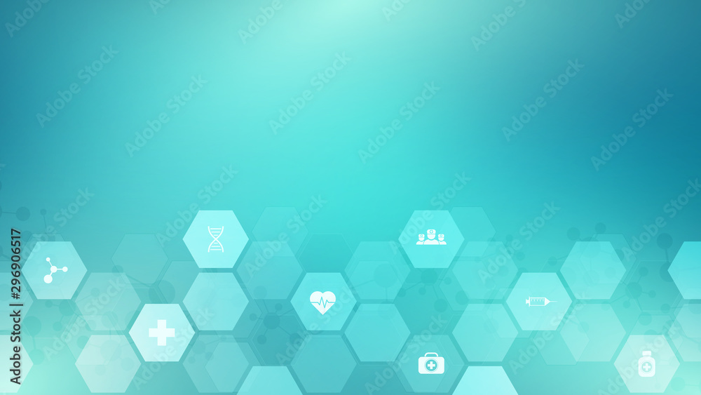 Poster Abstract medical background with flat icons and symbols. Template design with concept and idea for healthcare technology, innovation medicine, health, science and research.