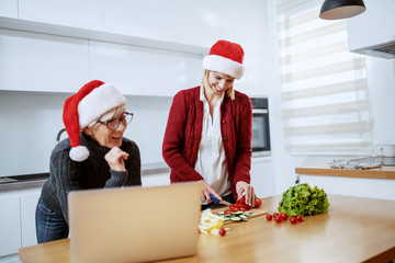 Beautiful blonde caucasian pregnant woman preparing healthy food for christmas dinner. Her mother standing next to her and looking at recipe on laptop. Both having santa hats on heads. Kitchen.