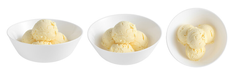 group of vanilla ice cream in ceramic cup isolated on white background