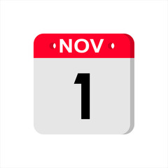 November 1 - Calendar Icon. Calendar Icon with shadow. Flat style. Date, day and month. Reminder. Vector illustration. Organizer application, app symbol. Ui. User interface sign.