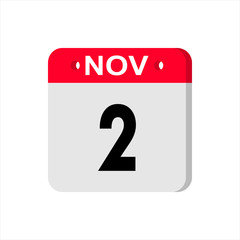 November 2 - Calendar Icon. Calendar Icon with shadow. Flat style. Date, day and month. Reminder. Vector illustration. Organizer application, app symbol. Ui. User interface sign.