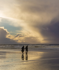 silhouette of couple holding hands on the beach at sunset