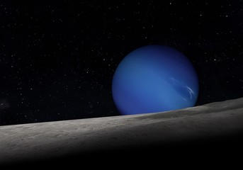 Fototapeta na wymiar View of Neptune from asteroid. 3D illustration.