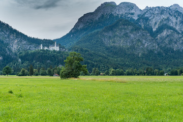 Obraz premium Castle of Louis II of Bavaria, the most visited monument in Germany, in the afternoon with blue and brown tones and the green meadow in the background with the sky covered with gray clouds.