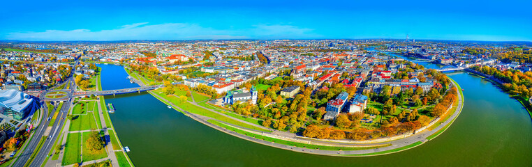 Aerial. Panoramik landscape of Krakow and river Vistula, Poland.