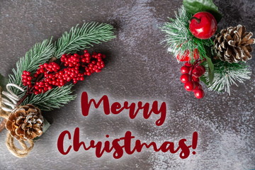 Christmas fir twig with berries on dark background with the insc