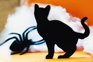 halloween black cat silhouette on orange background