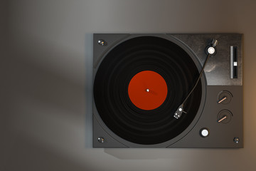 The dark vinyl record player on the table, 3d rendering.