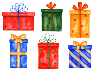 Christmas set of watercolor gift boxes. New Year present. Illustration isolated on a white background.