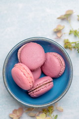 pink macaroons on a blue plate
