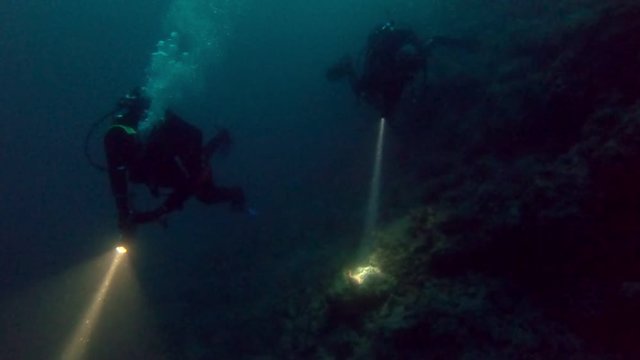 Divers with flashlights underwater at night