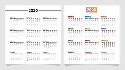 calendar 2020 year. Vector template collection. Week starts on monday