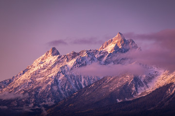 Colorful mountain peak of Grand Teton at sunrise