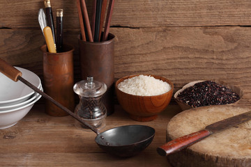 Chinese utensils in Chinese restaurant with a blank space for a text, Chinese kitchen background