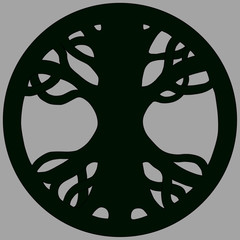 Yggdrasil Ash, Scandinavian symbol of Norse Mythology from Edda. Symbol of belief of vikings. Old Norse symbol of mythical holy ash tree. Isolated vector illustration. Green tree logo in a circle.