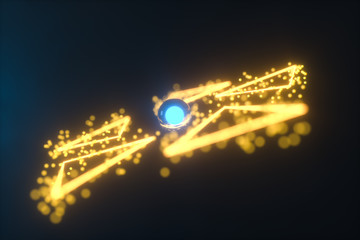 Glowing triangles and particles with dark background, 3d rendering.