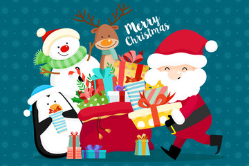 Christmas Greeting Card with Christmas Santa Claus ,Snowman and reindeer. Vector illustration