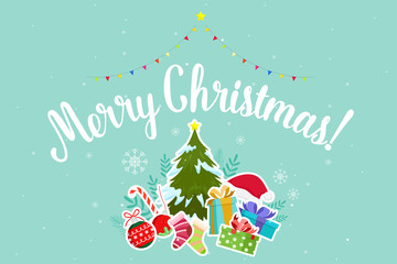 Fototapeta na wymiar Christmas Greeting Card with Christmas Santa Claus ,Snowman pine and reindeer. Vector illustration