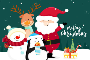 Christmas Greeting Card with Christmas Santa Claus ,Snowman and reindeer. Vector illustration