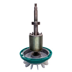 Details from surface centrifugal pump: shaft, rotor, fan, bearing. Isolated on a white background.