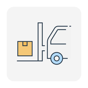 Forklift vector icon. May called fork or lift truck. Elevator machine equipment or vehicle for industry at storage, port, warehouse and factory by lift up, raise and delivery cargo. Editable stroke.