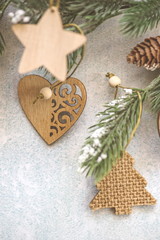 wooden Christmas tree toys with fir branches