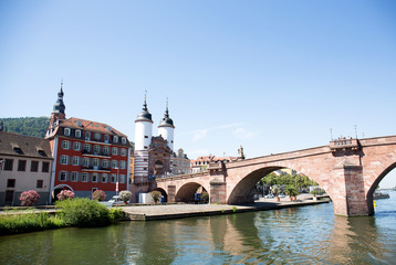 Fototapeta premium blick auf historische gebäude und brücke am neckar in heidelberg deutschland fotografiert während einer schiffstour an einem sonnigen Tag im Sommer