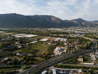 View of the city against the backdrop of the mountains. Terracina, Province of Latina, Lazio Region, Italy