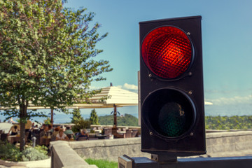 Traffic light with park in background