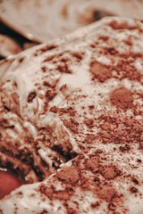  Closeup of a tiramisu dessert sprinkled with cocoa. Textures of desserts, italian dessert tiramisu.