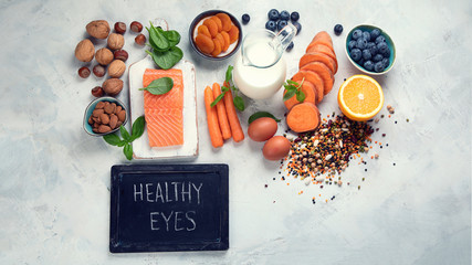 Food for eyes health. Foods that contain vitamins, nutrients, minerals and  antioxidants.