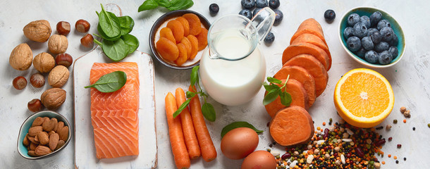 Food for eyes health. Foods that contain vitamins, nutrients, minerals and  antioxidants.
