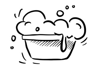Icon cleaning, cleaning. A basin of water and foam and bubbles. Hand-drawn