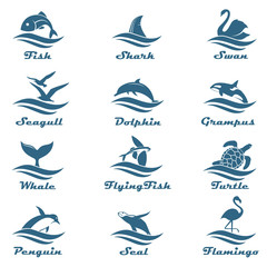 icon collection of aquatic animals with sea waves isolated on white background