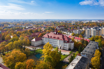 Fototapeta na wymiar Aerial: The old building of Immanuel Kant Baltic Federal University in Kaliningrad, autumn time